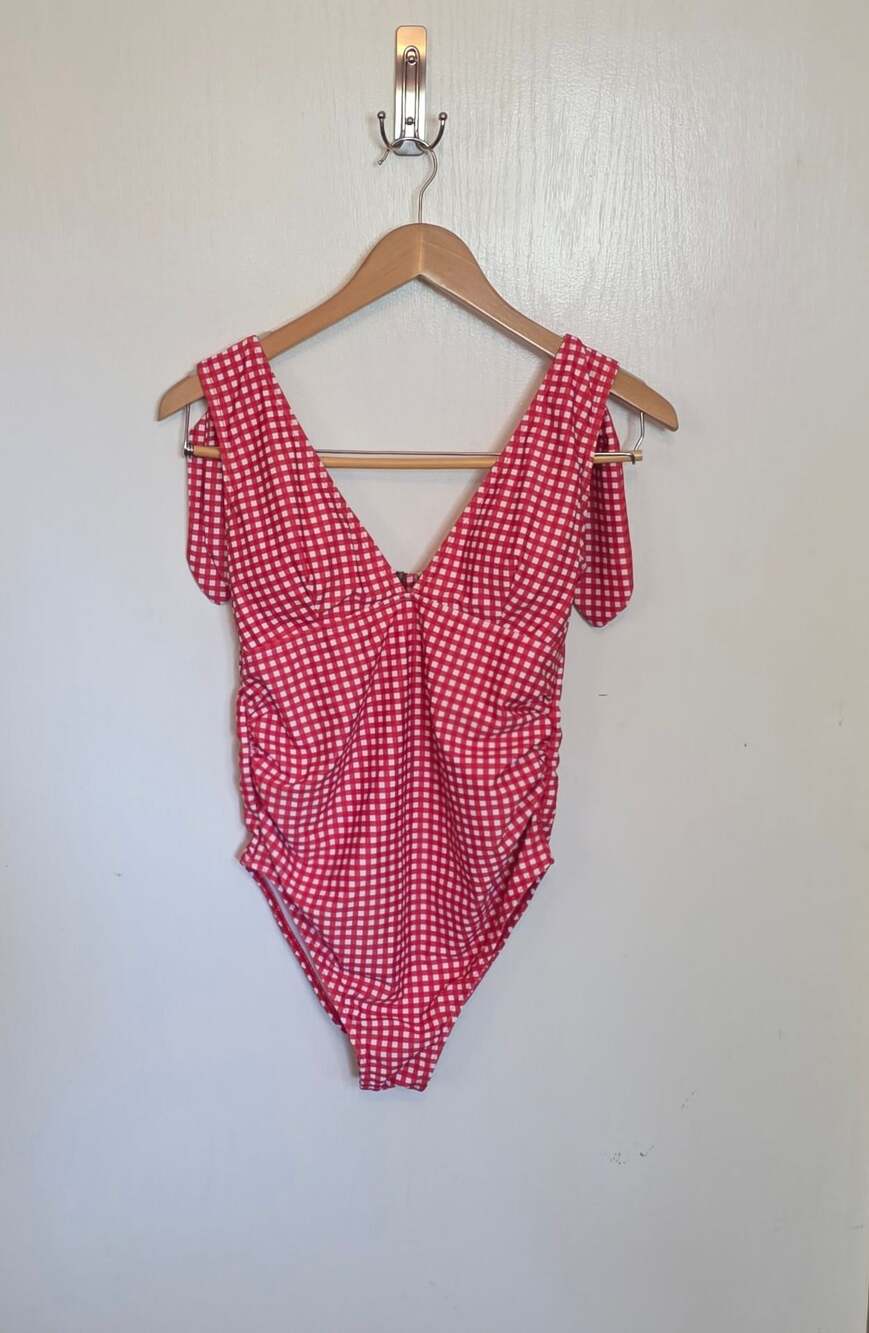 Mumu Mermaid Swimsuit Women's Small Red Gingham Deep V-Neck High Leg One Piece S